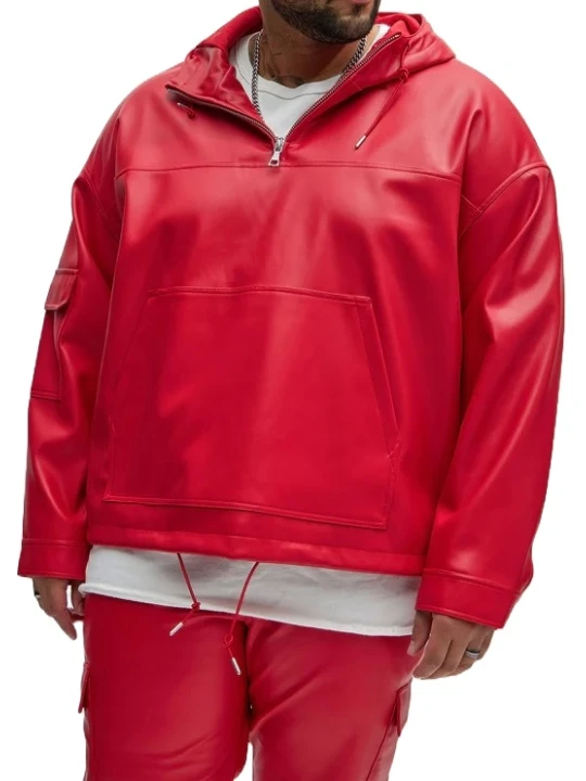  Hooded Red Leather Pullover Jacket