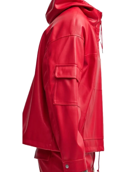  Hooded Red Leather Pullover Jacket