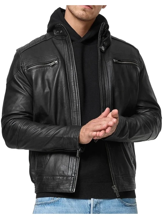 Men Black Collared Leather Jacket