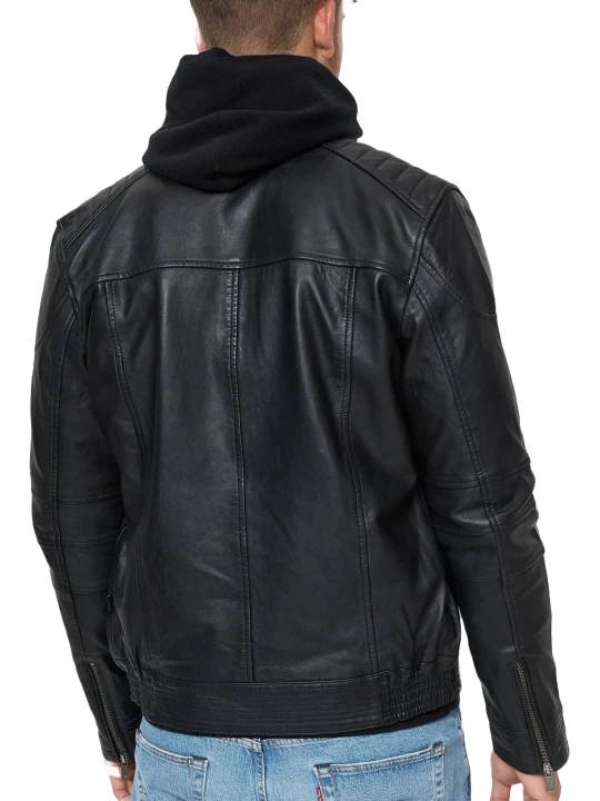 Men Black Collared Leather Jacket