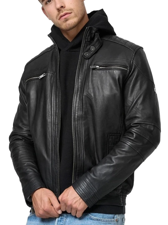 Men Black Collared Leather Jacket