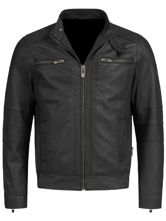 Men Black Collared Leather Jacket
