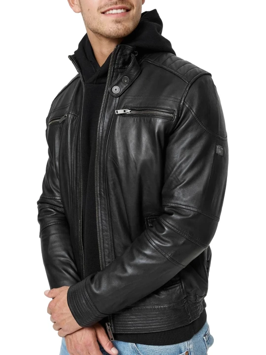 Men Black Collared Leather Jacket