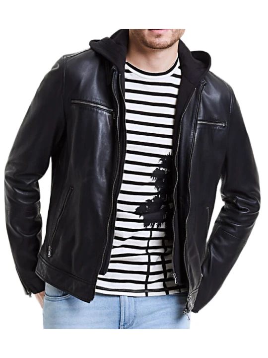 Men Classic Wear Hooded Real Lambskin Black Leather Jacket