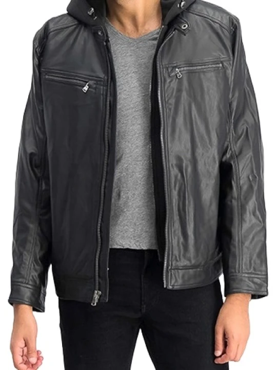 Men Classy Wear hooded Real Lambskin Black Leather Jacket