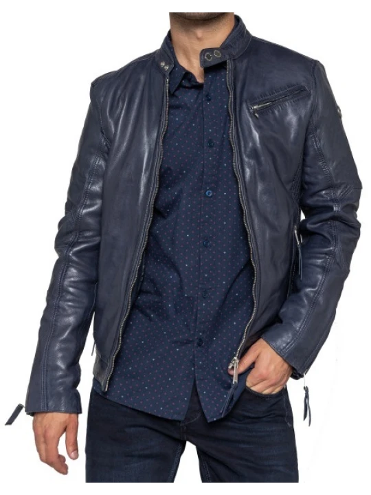 Men Country Look Real Lambskin Navy Blue Leather Jacket