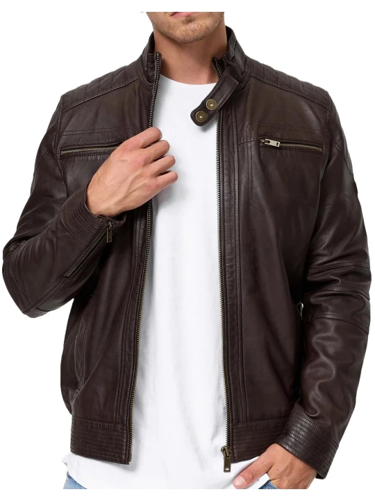 Men Dark Brown Collared Leather Jacket