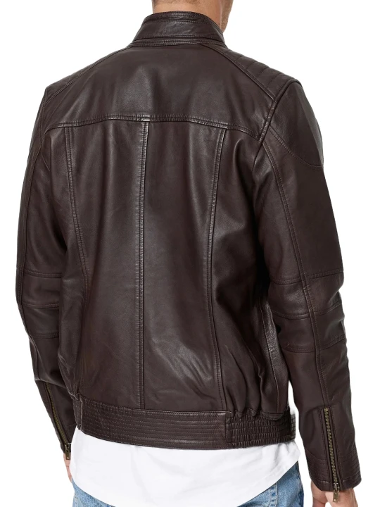 Men Dark Brown Collared Leather Jacket