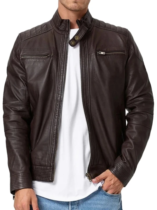 Men Dark Brown Collared Leather Jacket