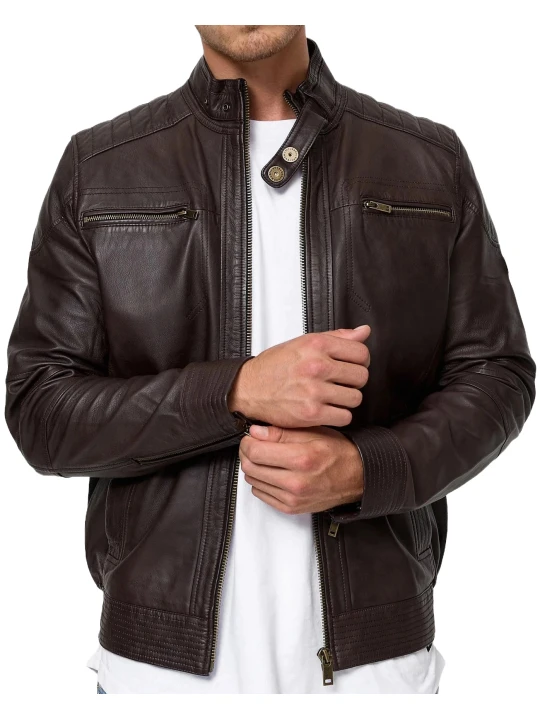 Men Dark Brown Collared Leather Jacket