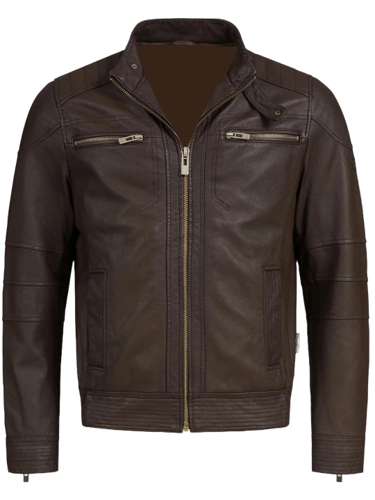Men Dark Brown Collared Leather Jacket