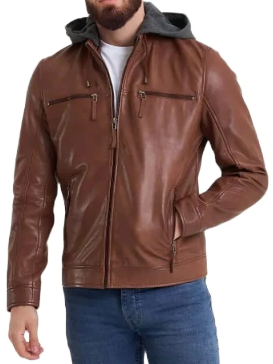 Men Dashing Wear Hooded Real Lambskin Brown Leather Jacket