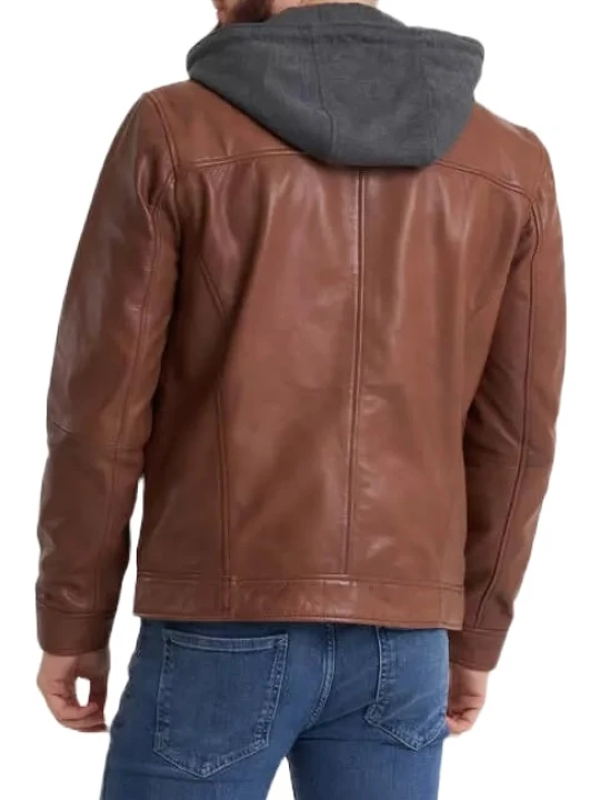 Men Dashing Wear Hooded Real Lambskin Brown Leather Jacket