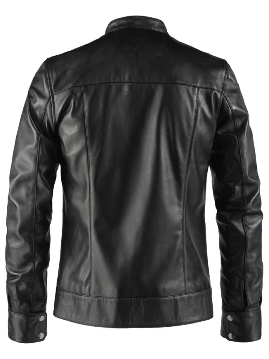 Men Front Red Strips Real Lambskin Black Leather Jacket