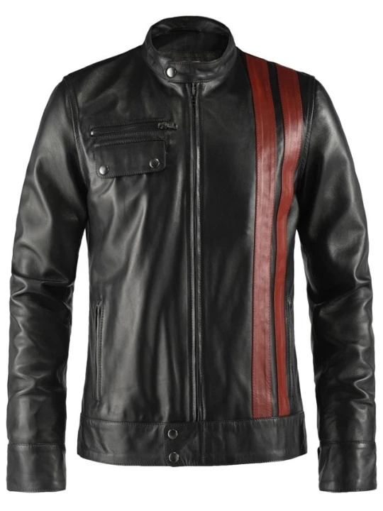 Men Front Red Strips Real Lambskin Black Leather Jacket
