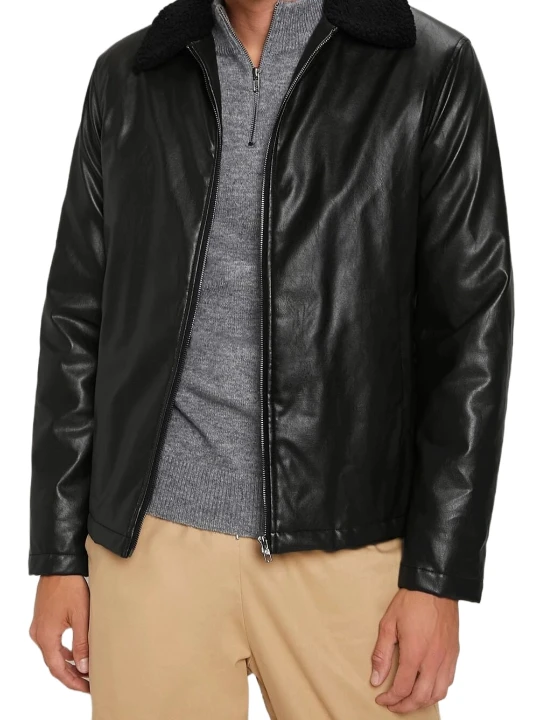 Men Fur Collar Real Lambskin Black Leather Jacket