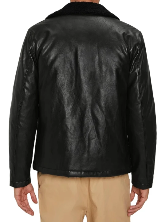 Men Fur Collar Real Lambskin Black Leather Jacket