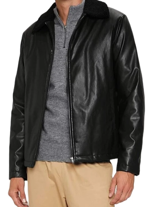 Men Fur Collar Real Lambskin Black Leather Jacket