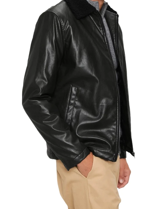 Men Fur Collar Real Lambskin Black Leather Jacket