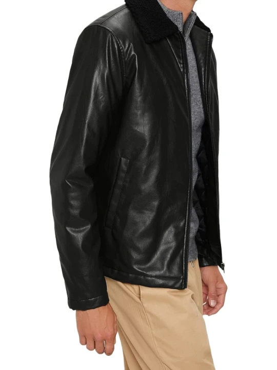 Men Fur Collar Real Lambskin Black Leather Jacket