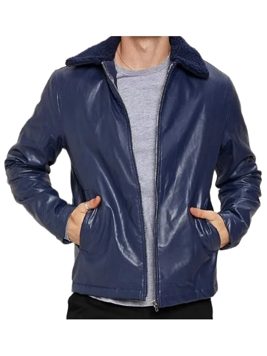 Men Fur Collar Real Lambskin Blue Leather Jacket