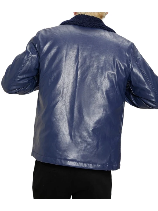 Men Fur Collar Real Lambskin Blue Leather Jacket