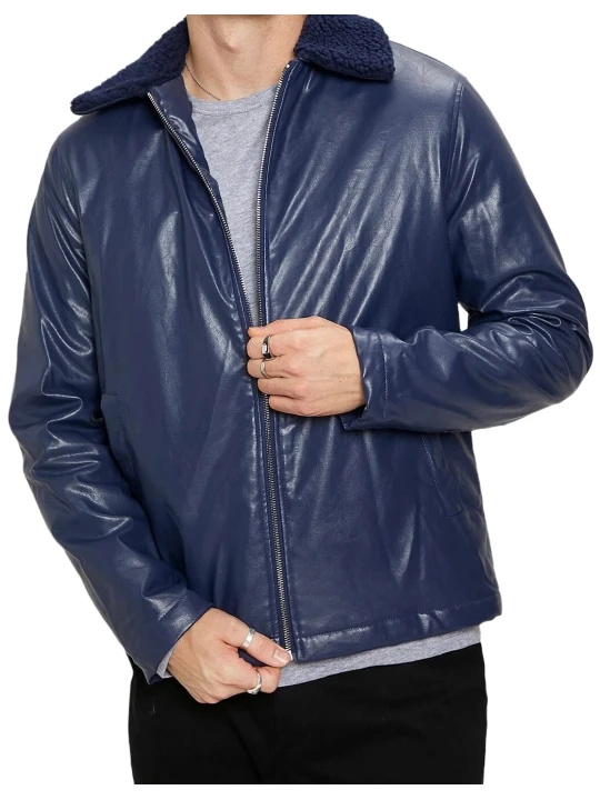 Men Fur Collar Real Lambskin Blue Leather Jacket
