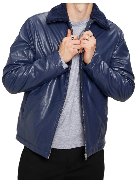Men Fur Collar Real Lambskin Blue Leather Jacket