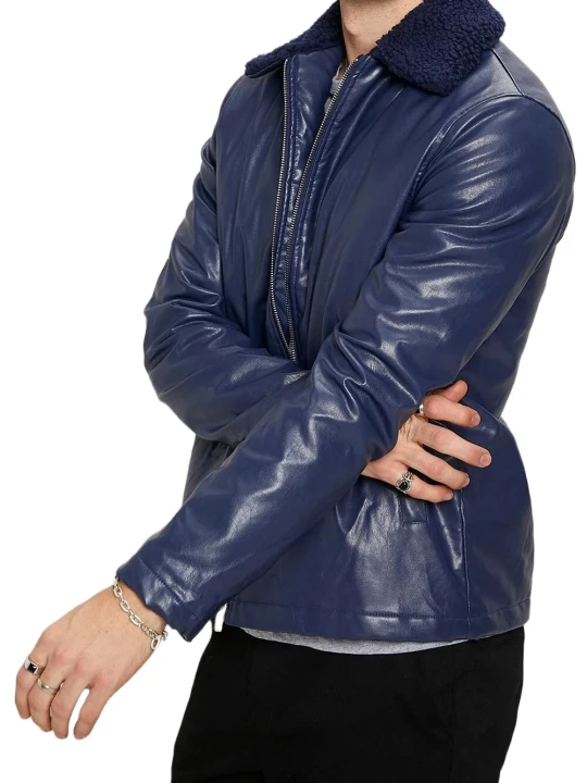 Men Fur Collar Real Lambskin Blue Leather Jacket