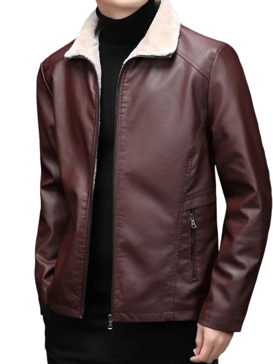 Men Fur Lining Real Lambskin Brown Leather Jacket