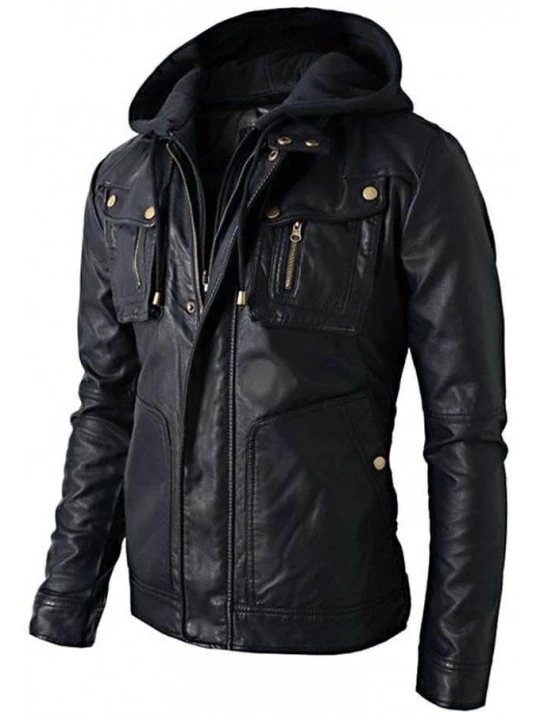 Men Trendy Hooded Real Lambskin Black Leather Jacket