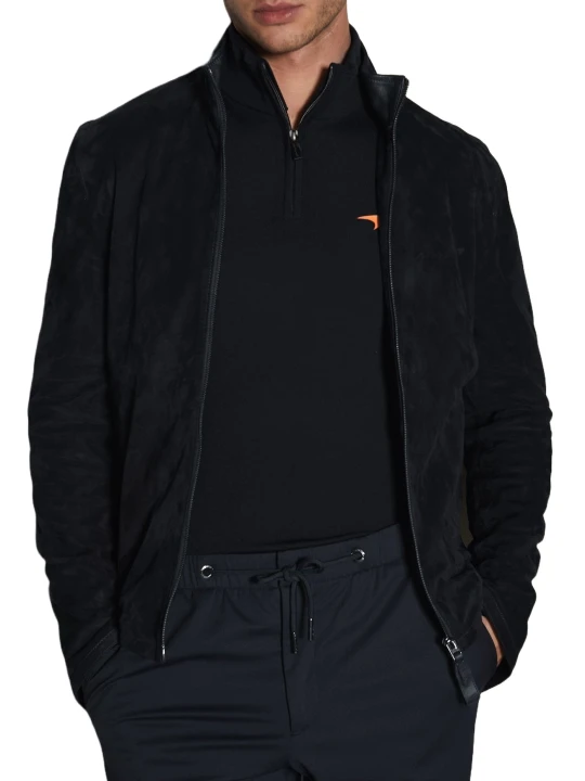 Navy Blue Suede Leather High Collar Jacket