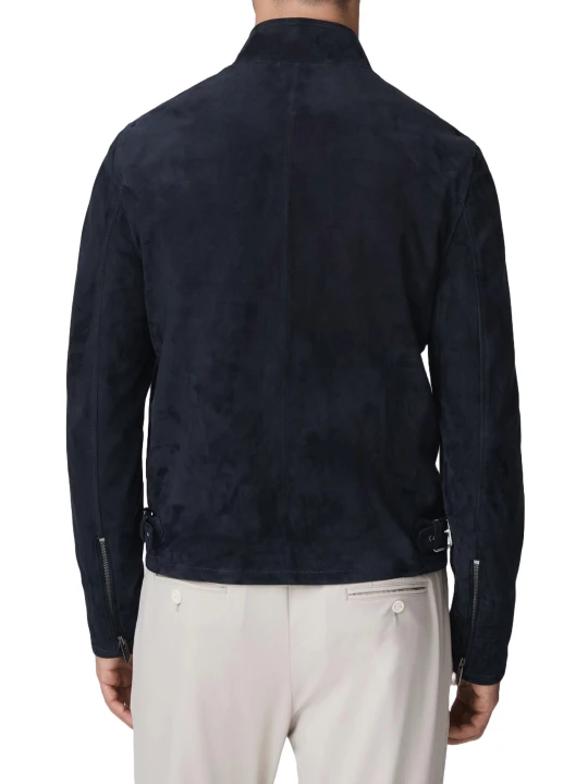 Navy Blue Suede Leather High Collar Jacket