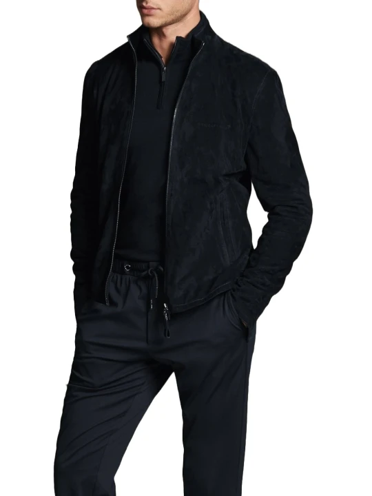Navy Blue Suede Leather High Collar Jacket