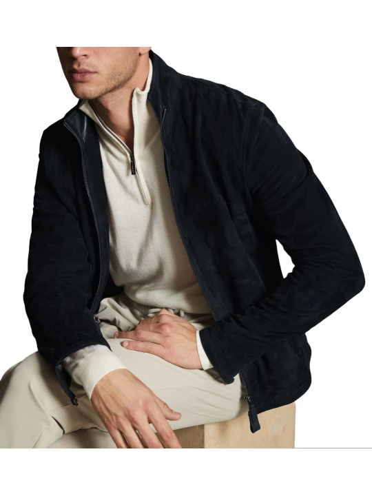 Navy Blue Suede Leather High Collar Jacket