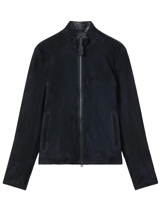 Navy Blue Suede Leather High Collar Jacket