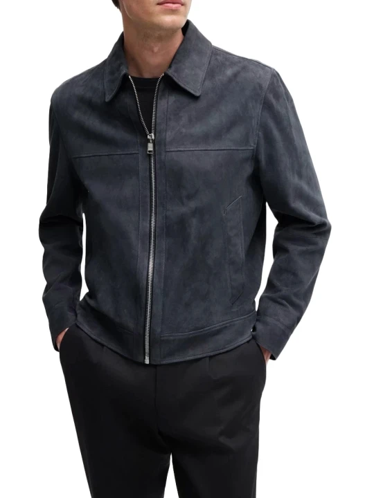 Navy Blue Suede Leather Jacket With Snap Button Front