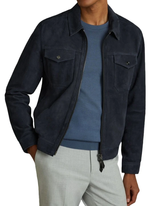 Navy Blue Suede Leather Zip Through Trucker Jacket