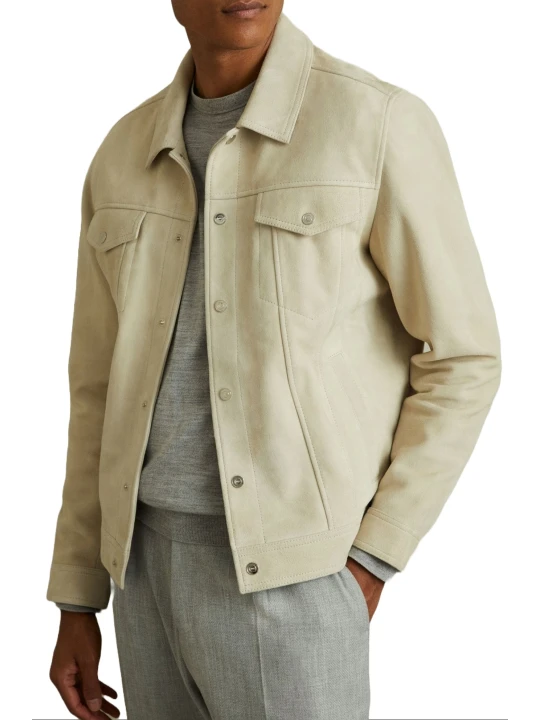Off White Suede Leather Zip Through Trucker Jacket