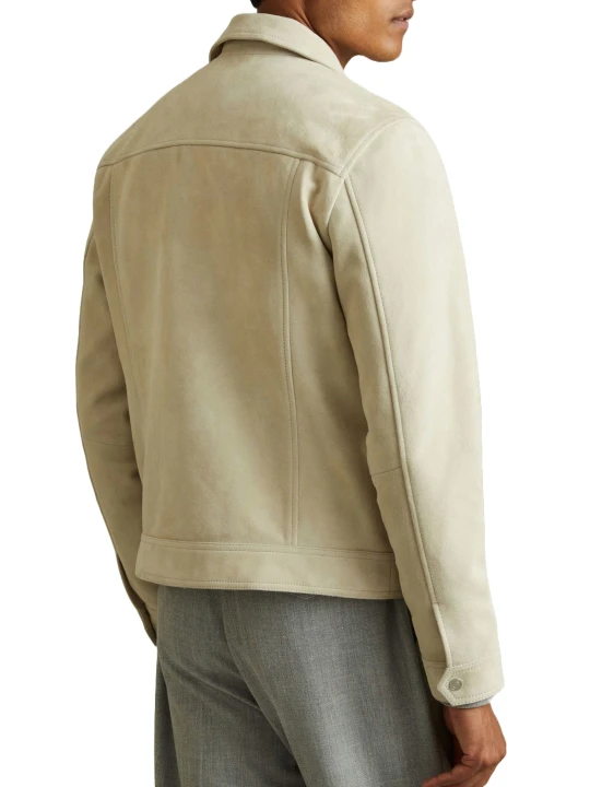 Off White Suede Leather Zip Through Trucker Jacket