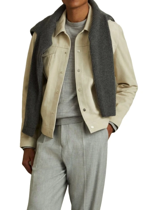 Off White Suede Leather Zip Through Trucker Jacket