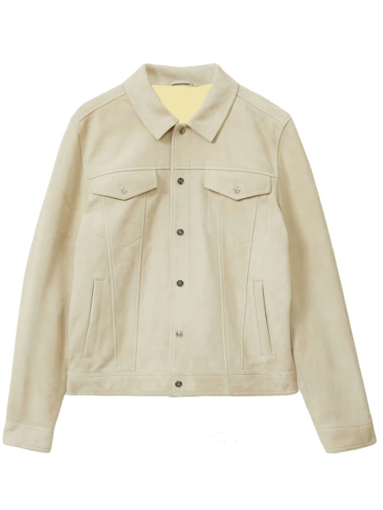 Off White Suede Leather Zip Through Trucker Jacket