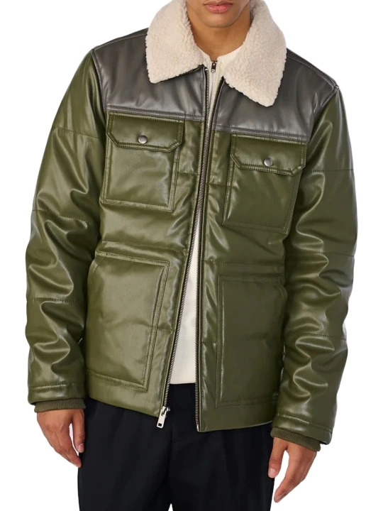 Olive Green And Grey Leather Puffer Jacket With Shearling Collar