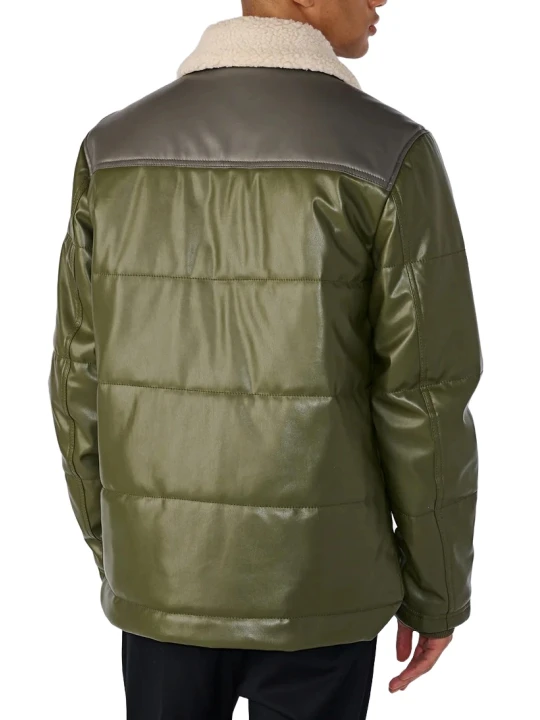Olive Green And Grey Leather Puffer Jacket With Shearling Collar