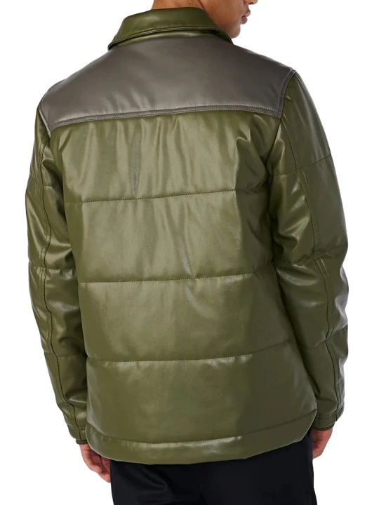 Olive Green And Grey Leather Puffer Jacket With Shearling Collar