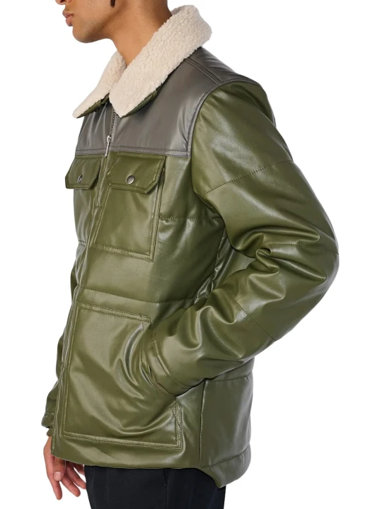 Olive Green And Grey Leather Puffer Jacket With Shearling Collar