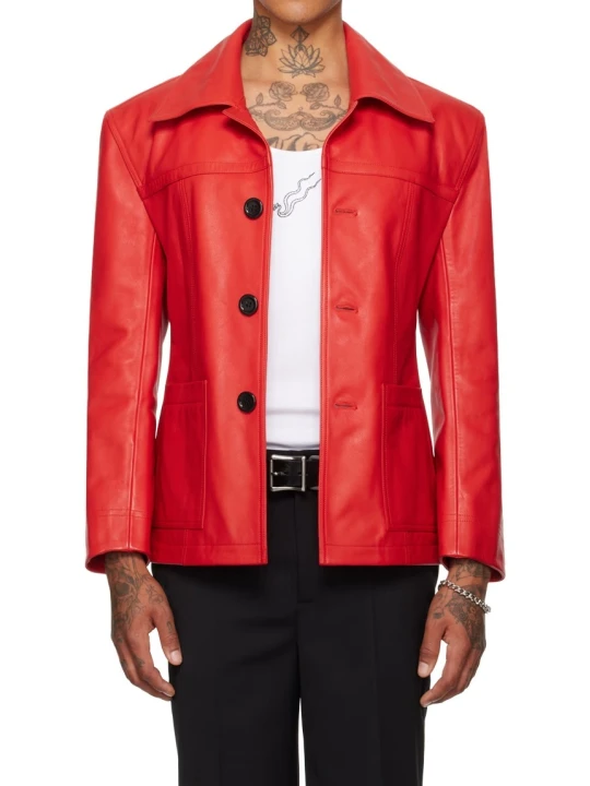 Open Spread Collar Red Leather Jacket