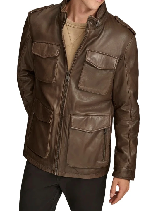 Patch Pockets Brown Leather Jacket