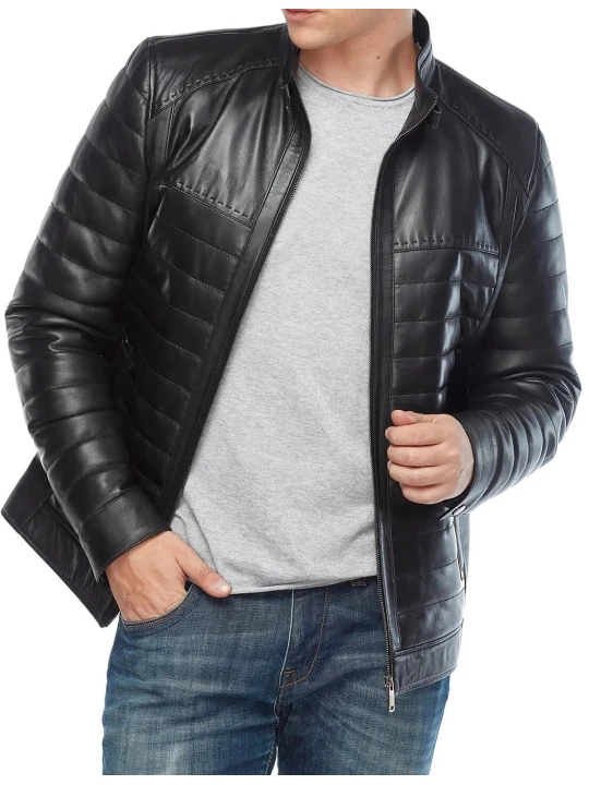 Quilted Body Black Leather Jacket