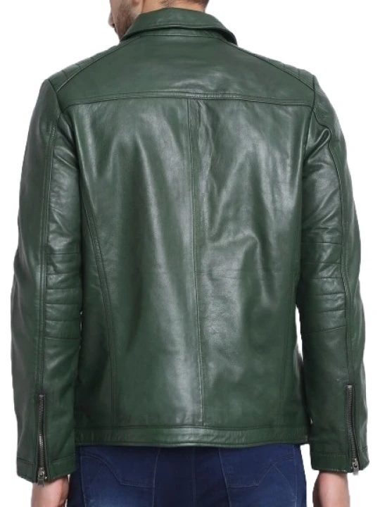 Quilted Shoulder Green Leather Jacket